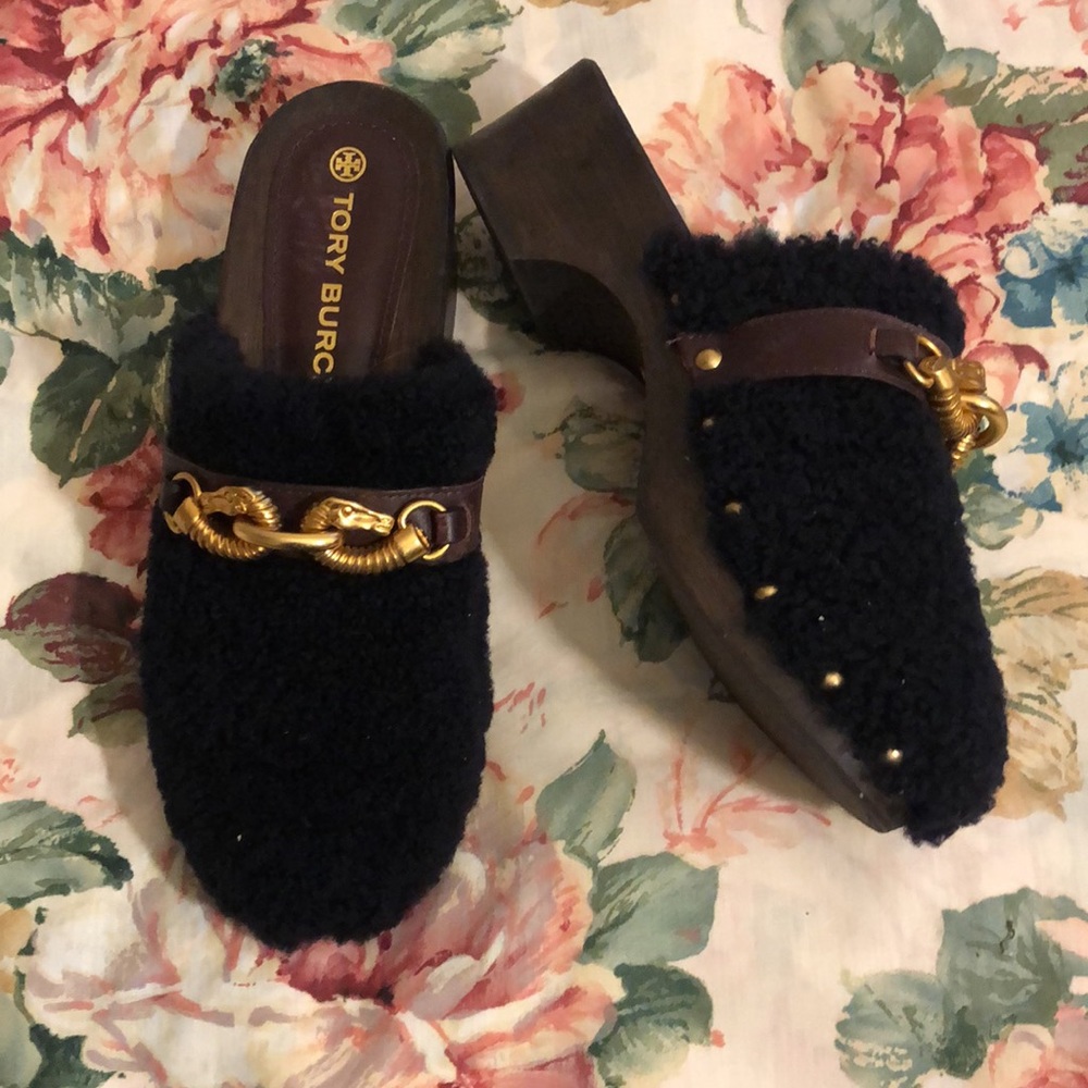 Tory Burch Plush black Mules with Gold Accent